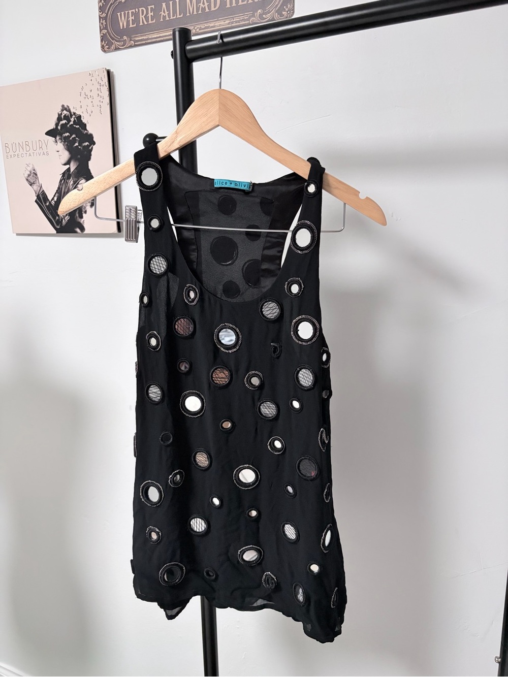 Alice + Olivia Black Silk Chiffon Racerback Small Mirror Vintage Tank Top Size S